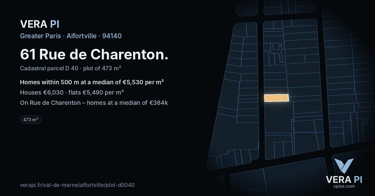61 Rue de Charenton, Alfortville at night – the plot lit, the parcels around coloured by the prices near them