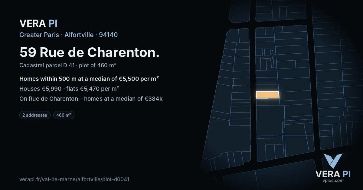 59 Rue de Charenton, Alfortville at night – the plot lit, the parcels around coloured by the prices near them