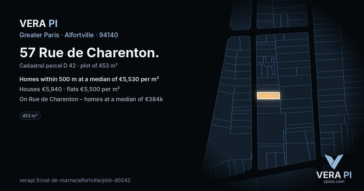 57 Rue de Charenton, Alfortville at night – the plot lit, the parcels around coloured by the prices near them
