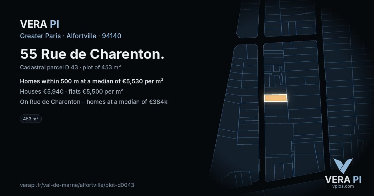 55 Rue de Charenton, Alfortville at night – the plot lit, the parcels around coloured by the prices near them