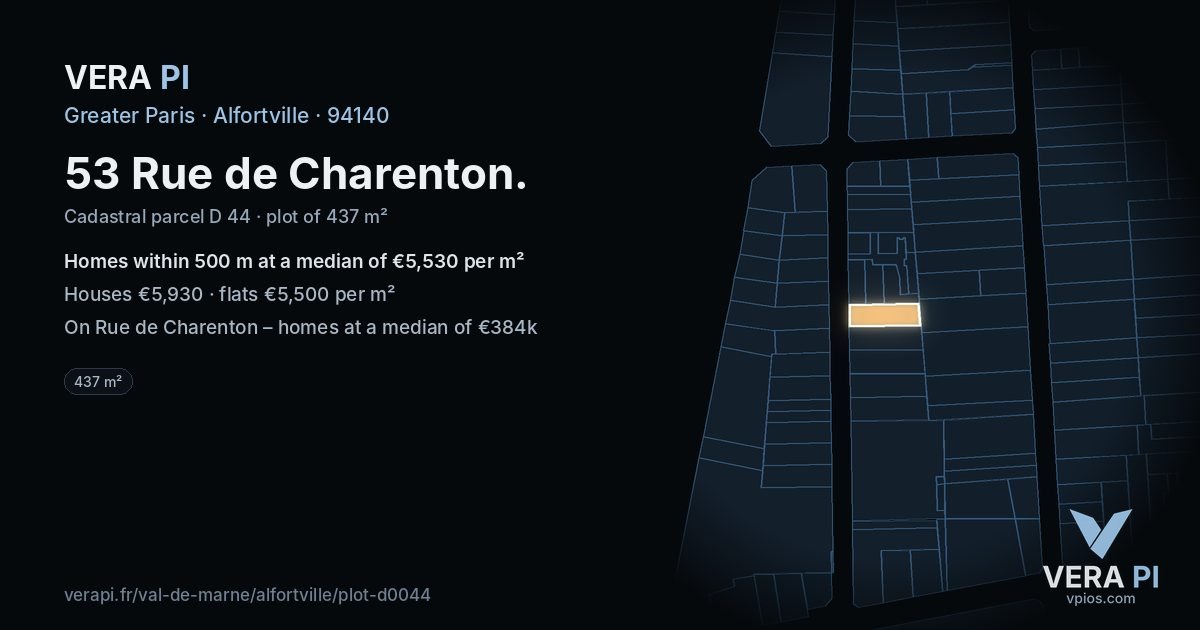 53 Rue de Charenton, Alfortville at night – the plot lit, the parcels around coloured by the prices near them