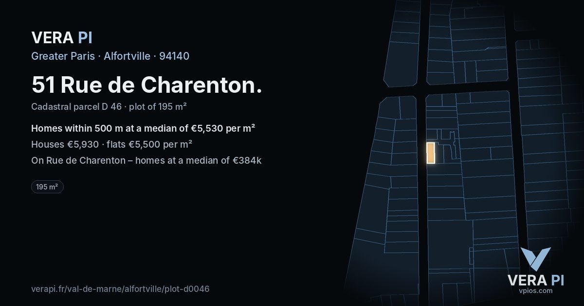 51 Rue de Charenton, Alfortville at night – the plot lit, the parcels around coloured by the prices near them