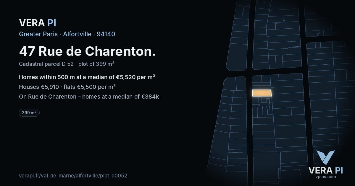 47 Rue de Charenton, Alfortville at night – the plot lit, the parcels around coloured by the prices near them