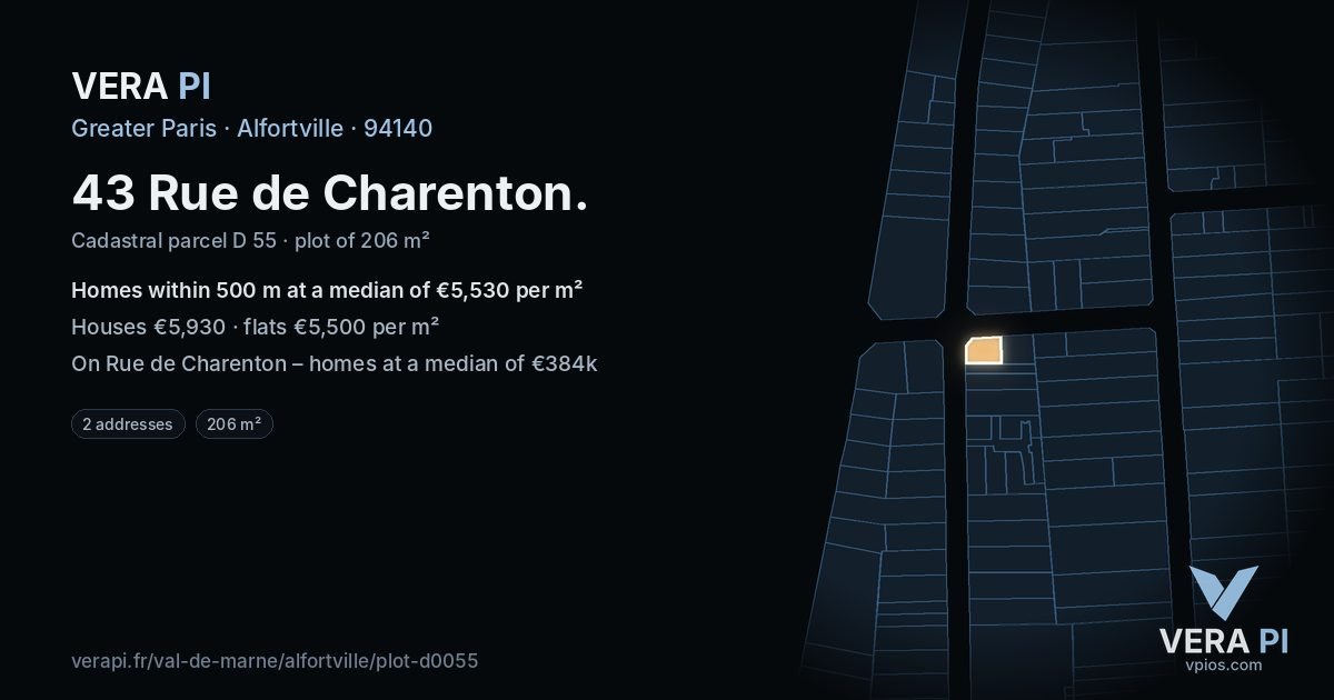 43 Rue de Charenton, Alfortville at night – the plot lit, the parcels around coloured by the prices near them