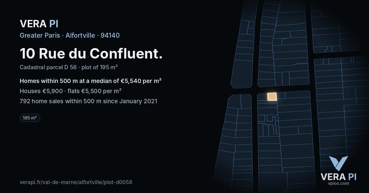 10 Rue du Confluent, Alfortville at night – the plot lit, the parcels around coloured by the prices near them