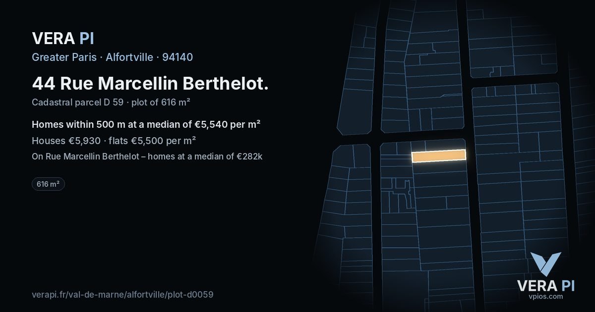 44 Rue Marcellin Berthelot, Alfortville at night – the plot lit, the parcels around coloured by the prices near them