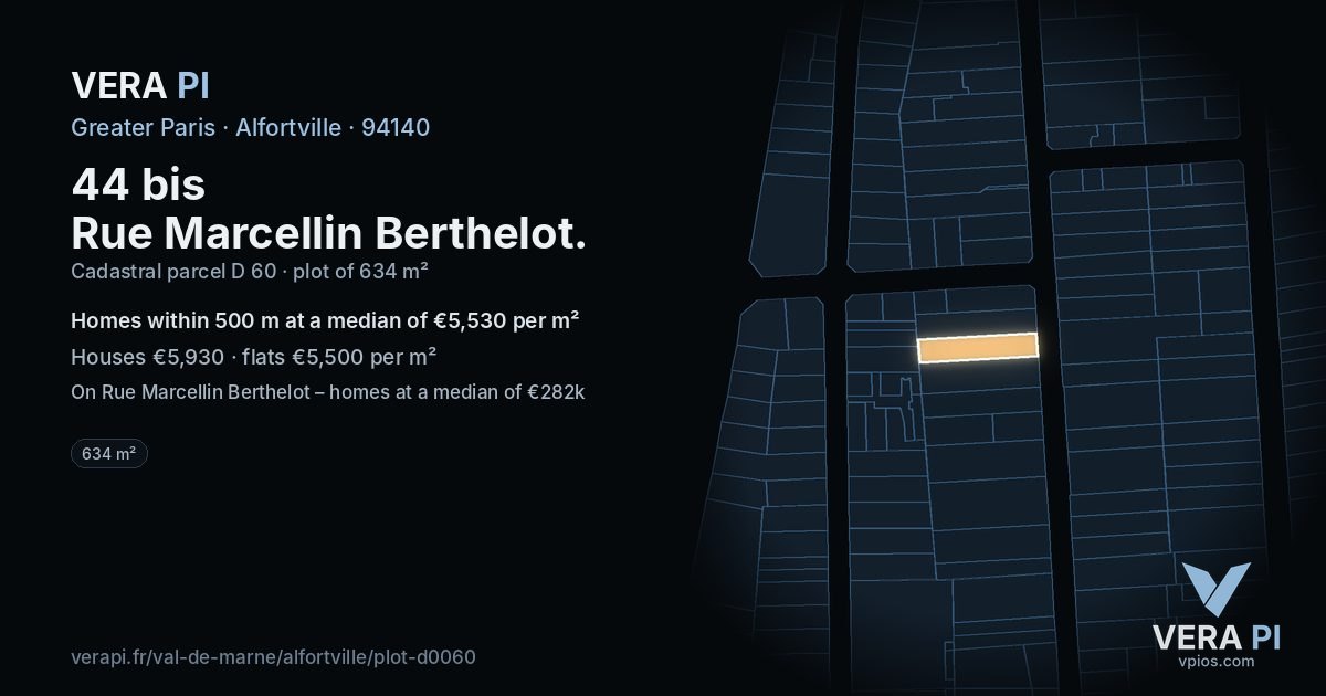 44 bis Rue Marcellin Berthelot, Alfortville at night – the plot lit, the parcels around coloured by the prices near them