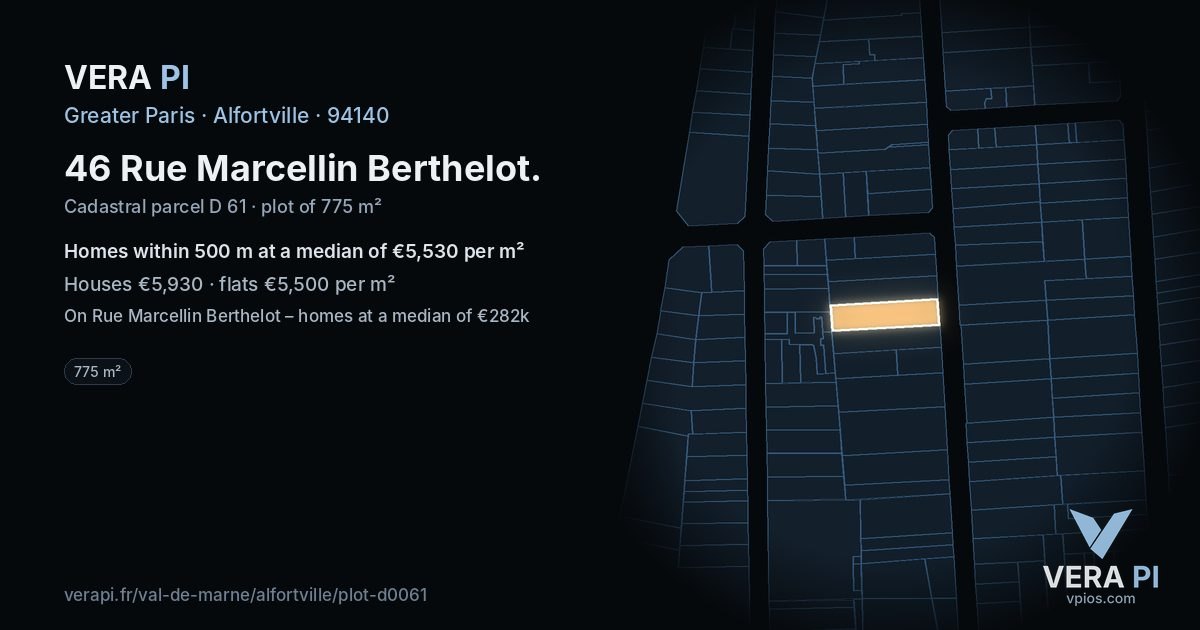 46 Rue Marcellin Berthelot, Alfortville at night – the plot lit, the parcels around coloured by the prices near them