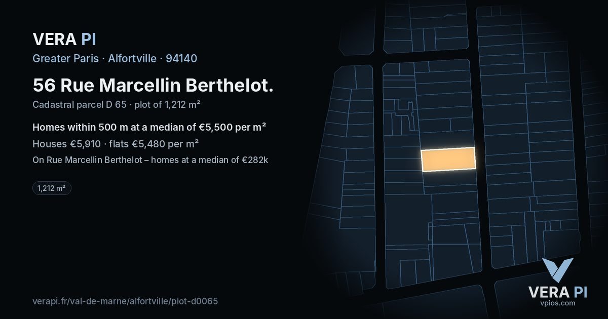 56 Rue Marcellin Berthelot, Alfortville at night – the plot lit, the parcels around coloured by the prices near them