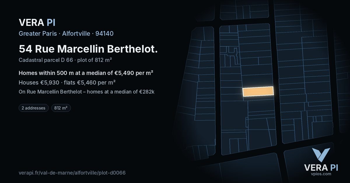 54 Rue Marcellin Berthelot, Alfortville at night – the plot lit, the parcels around coloured by the prices near them