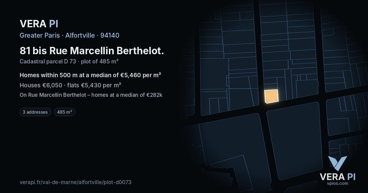 81 bis Rue Marcellin Berthelot, Alfortville at night – the plot lit, the parcels around coloured by the prices near them