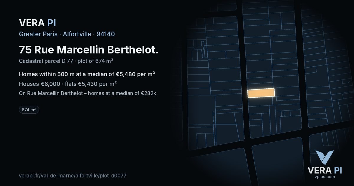 75 Rue Marcellin Berthelot, Alfortville at night – the plot lit, the parcels around coloured by the prices near them