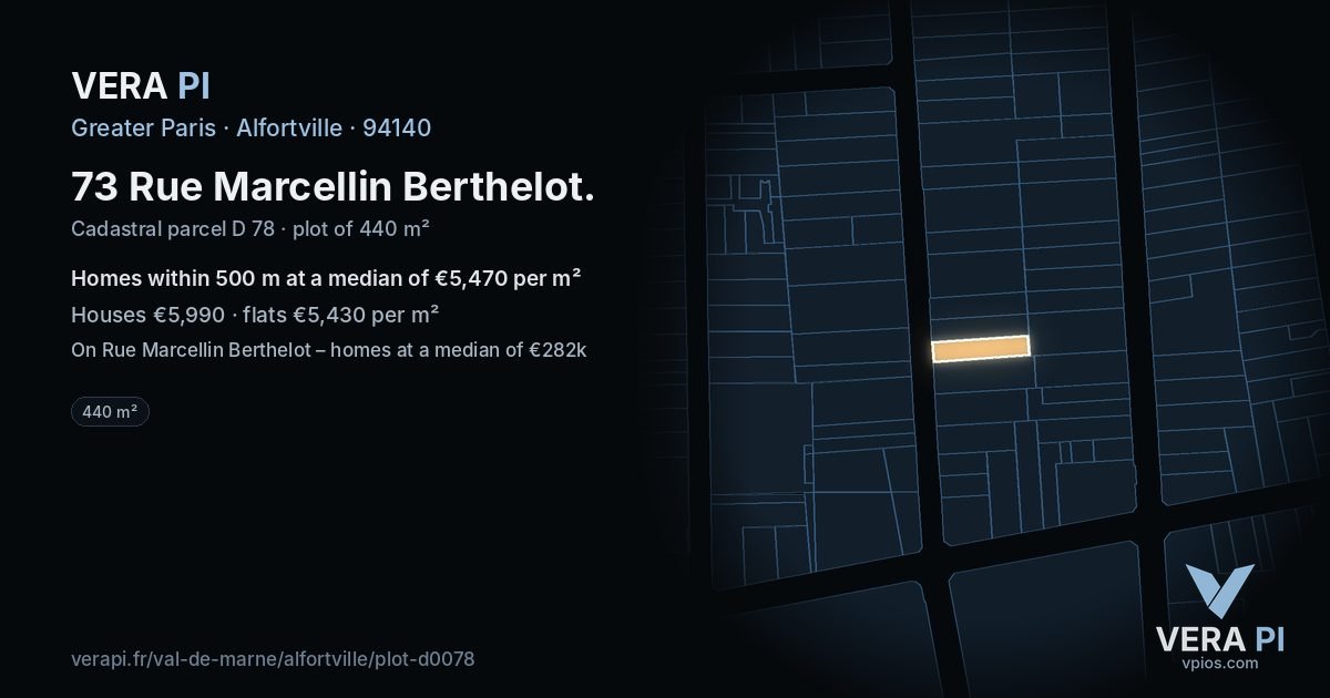 73 Rue Marcellin Berthelot, Alfortville at night – the plot lit, the parcels around coloured by the prices near them