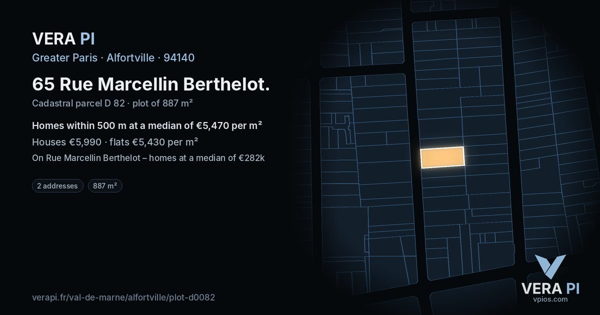 65 Rue Marcellin Berthelot, Alfortville at night – the plot lit, the parcels around coloured by the prices near them