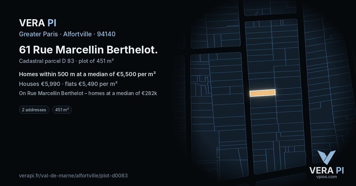 61 Rue Marcellin Berthelot, Alfortville at night – the plot lit, the parcels around coloured by the prices near them