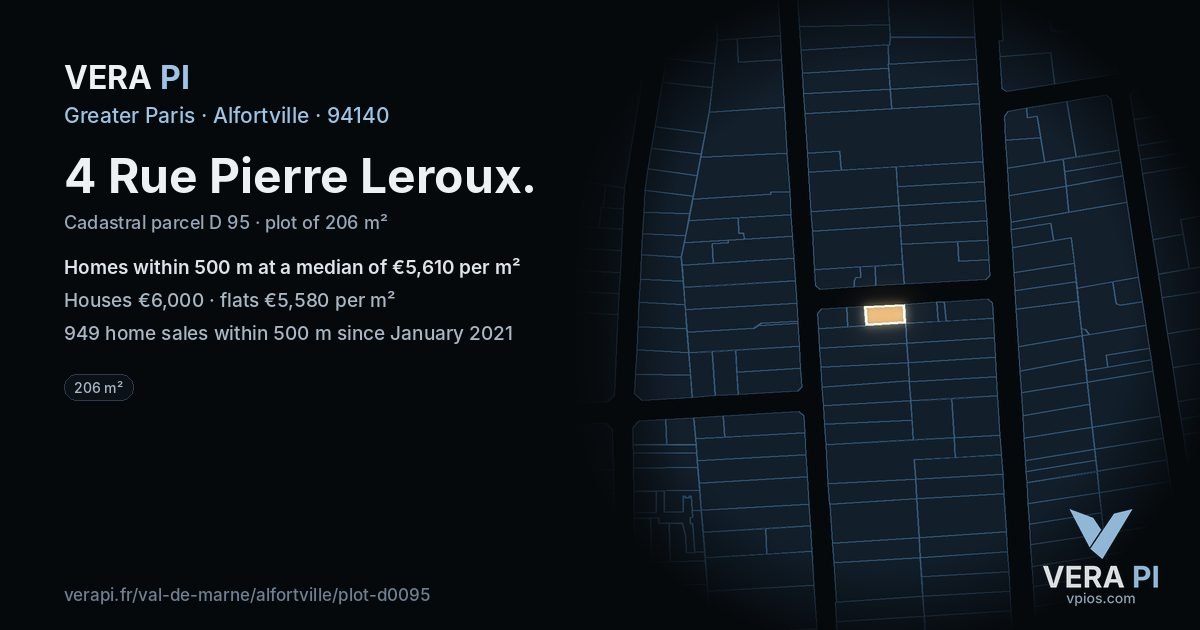 4 Rue Pierre Leroux, Alfortville at night – the plot lit, the parcels around coloured by the prices near them