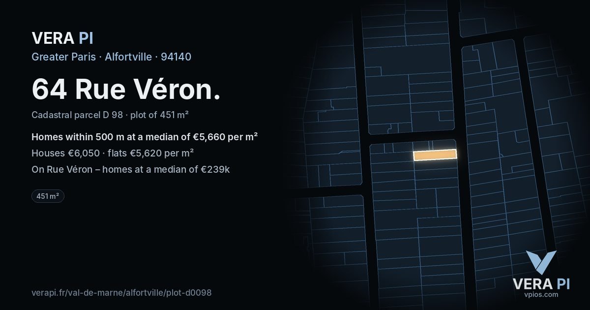 64 Rue Véron, Alfortville at night – the plot lit, the parcels around coloured by the prices near them