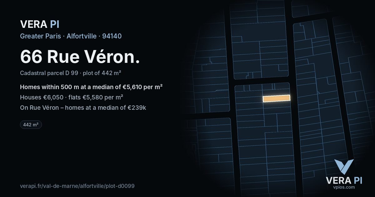 66 Rue Véron, Alfortville at night – the plot lit, the parcels around coloured by the prices near them