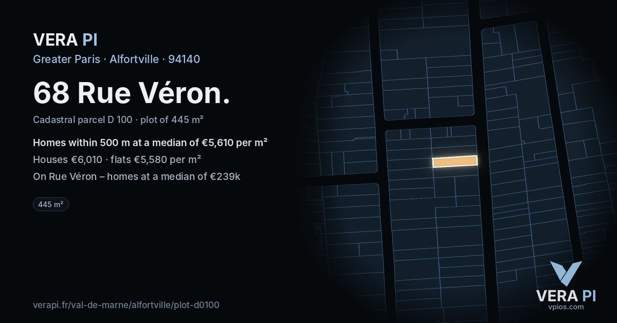 68 Rue Véron, Alfortville at night – the plot lit, the parcels around coloured by the prices near them
