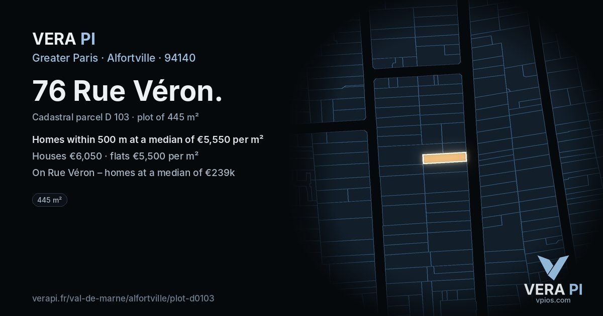 76 Rue Véron, Alfortville at night – the plot lit, the parcels around coloured by the prices near them