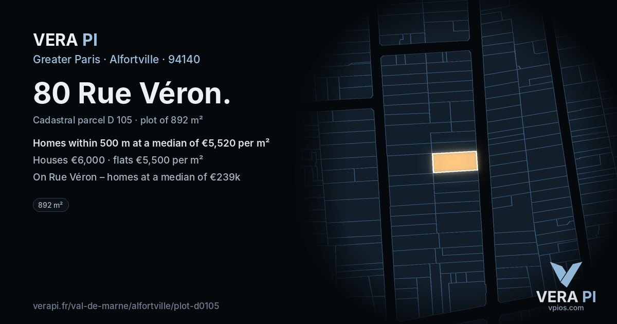 80 Rue Véron, Alfortville at night – the plot lit, the parcels around coloured by the prices near them