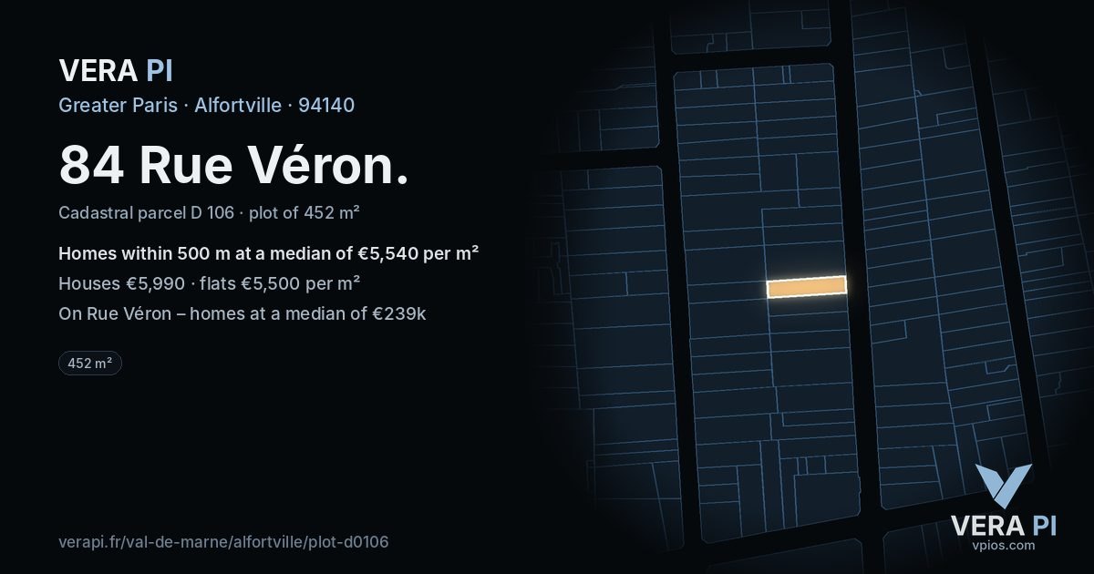 84 Rue Véron, Alfortville at night – the plot lit, the parcels around coloured by the prices near them