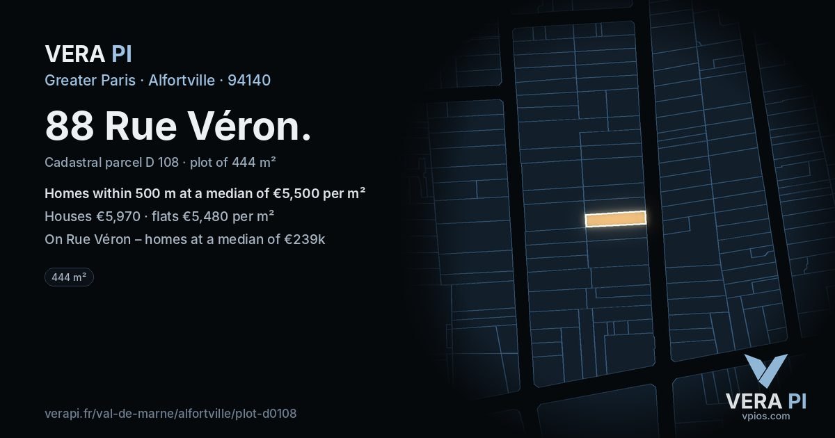 88 Rue Véron, Alfortville at night – the plot lit, the parcels around coloured by the prices near them