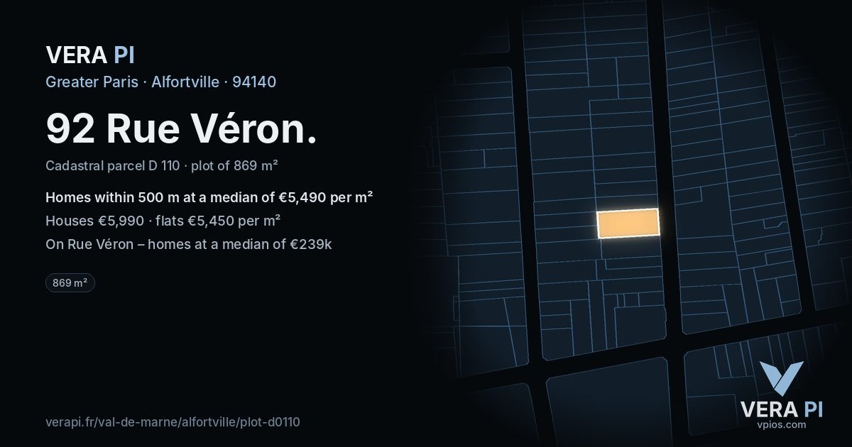 92 Rue Véron, Alfortville at night – the plot lit, the parcels around coloured by the prices near them