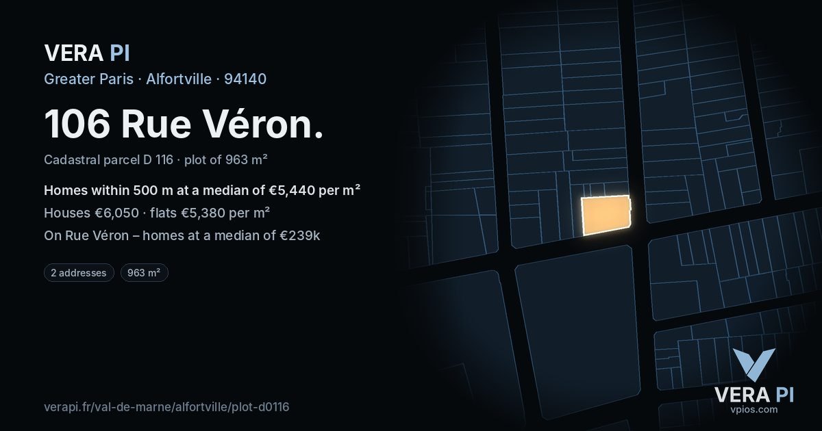 106 Rue Véron, Alfortville at night – the plot lit, the parcels around coloured by the prices near them