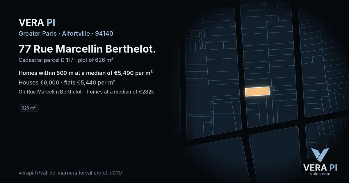 77 Rue Marcellin Berthelot, Alfortville at night – the plot lit, the parcels around coloured by the prices near them