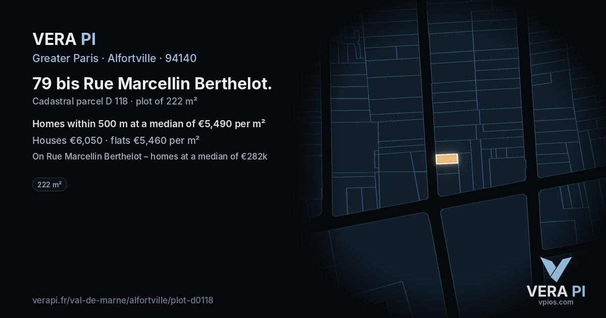 79 bis Rue Marcellin Berthelot, Alfortville at night – the plot lit, the parcels around coloured by the prices near them