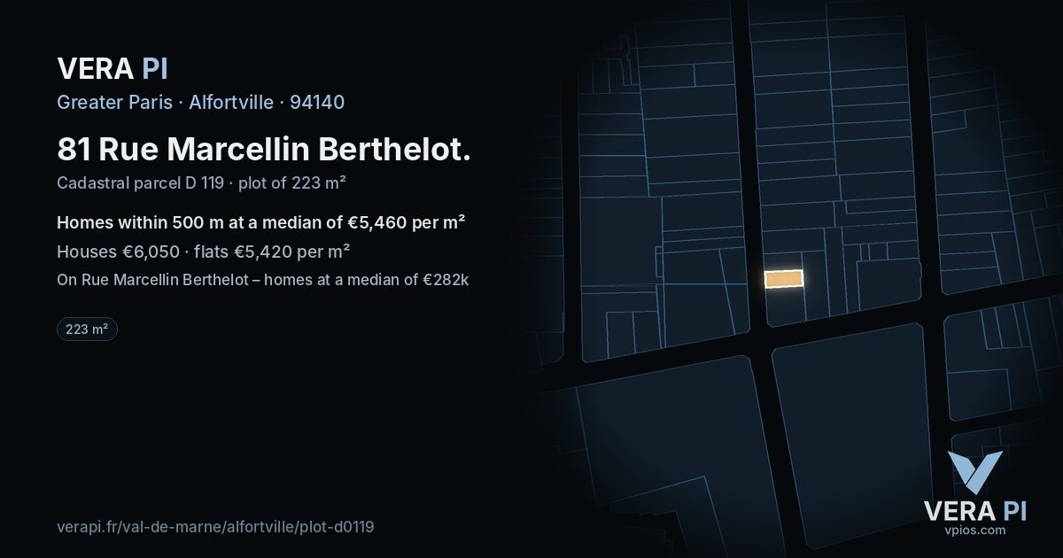 81 Rue Marcellin Berthelot, Alfortville at night – the plot lit, the parcels around coloured by the prices near them
