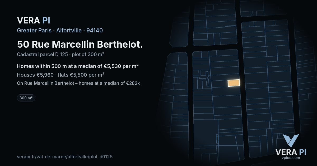 50 Rue Marcellin Berthelot, Alfortville at night – the plot lit, the parcels around coloured by the prices near them