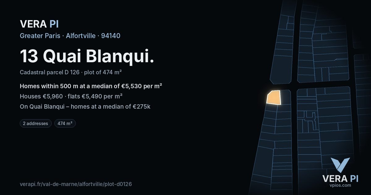 13 Quai Blanqui, Alfortville at night – the plot lit, the parcels around coloured by the prices near them