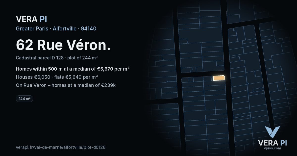 62 Rue Véron, Alfortville at night – the plot lit, the parcels around coloured by the prices near them
