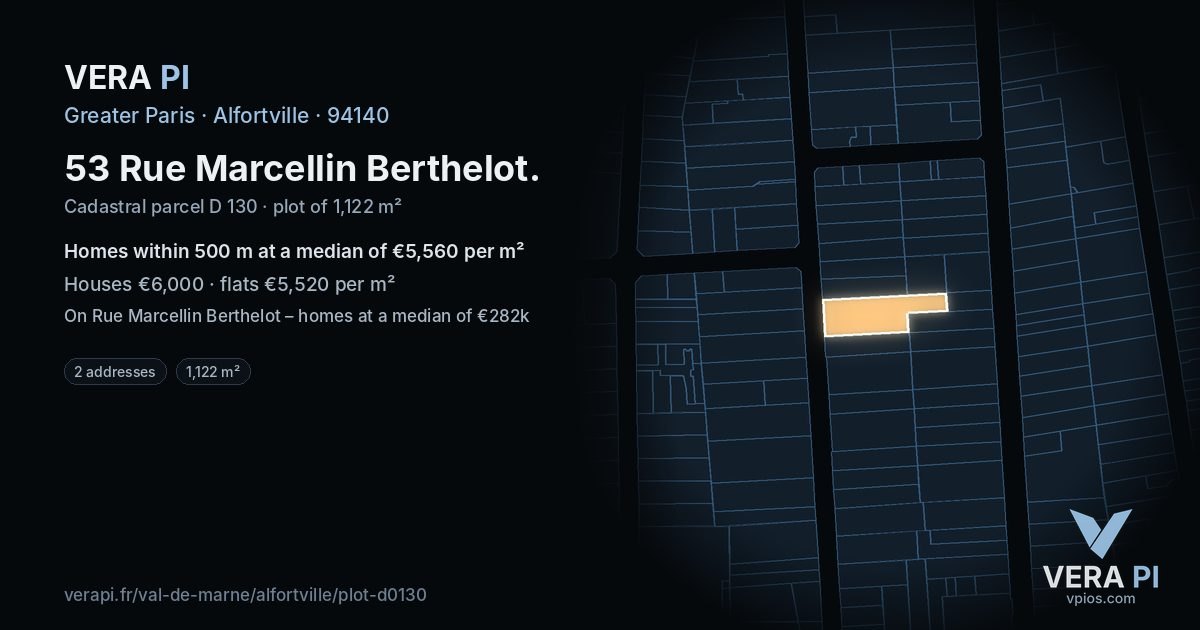 53 Rue Marcellin Berthelot, Alfortville at night – the plot lit, the parcels around coloured by the prices near them