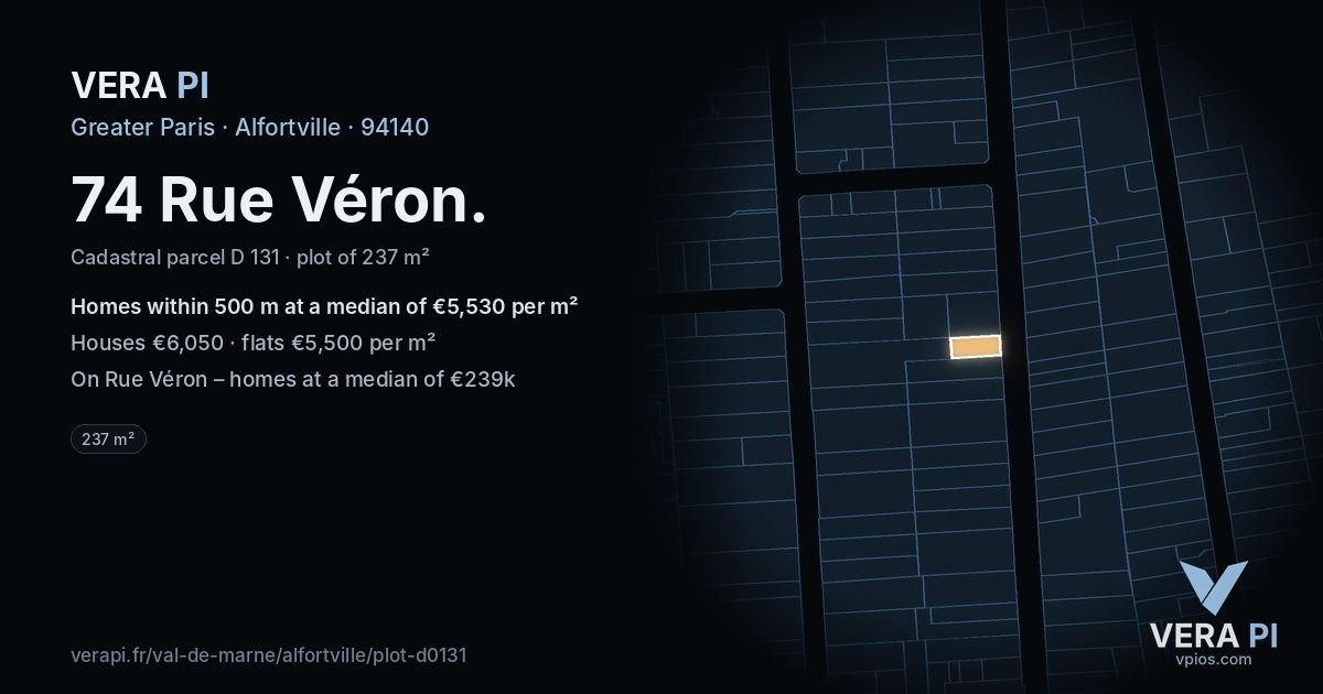 74 Rue Véron, Alfortville at night – the plot lit, the parcels around coloured by the prices near them