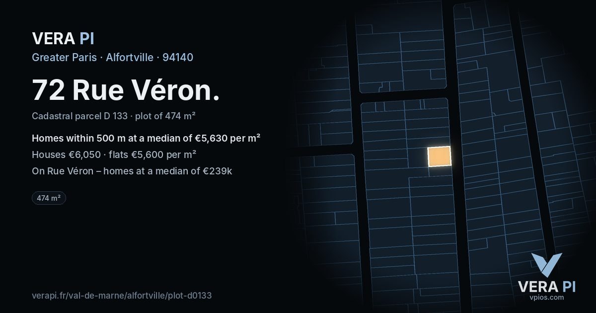 72 Rue Véron, Alfortville at night – the plot lit, the parcels around coloured by the prices near them