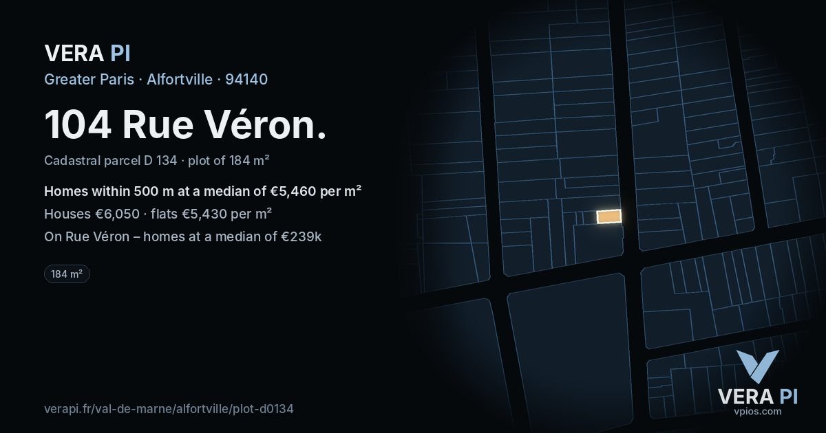 104 Rue Véron, Alfortville at night – the plot lit, the parcels around coloured by the prices near them