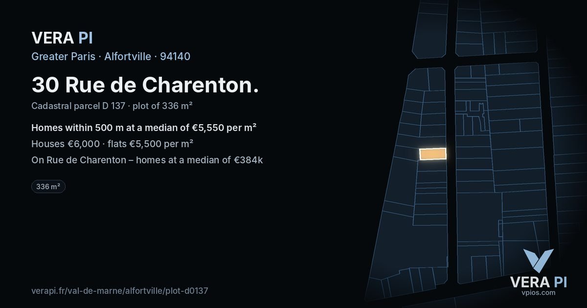 30 Rue de Charenton, Alfortville at night – the plot lit, the parcels around coloured by the prices near them