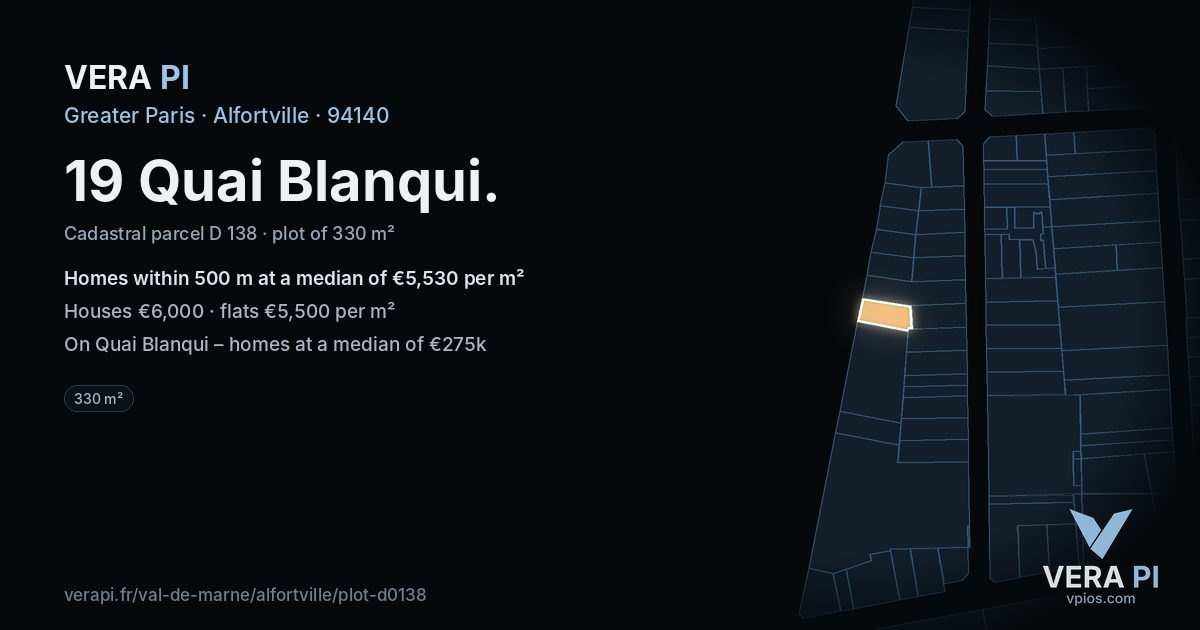 19 Quai Blanqui, Alfortville at night – the plot lit, the parcels around coloured by the prices near them
