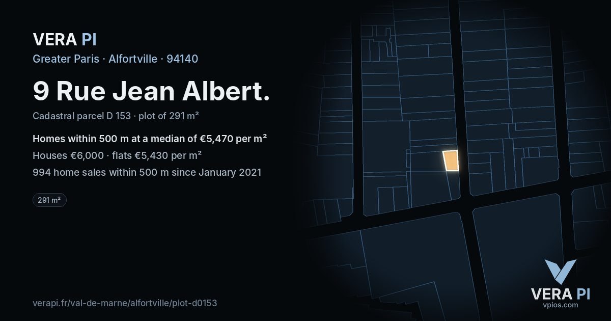 9 Rue Jean Albert, Alfortville at night – the plot lit, the parcels around coloured by the prices near them