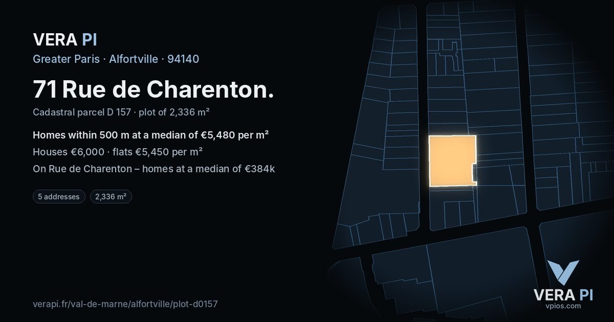 71 Rue de Charenton, Alfortville at night – the plot lit, the parcels around coloured by the prices near them