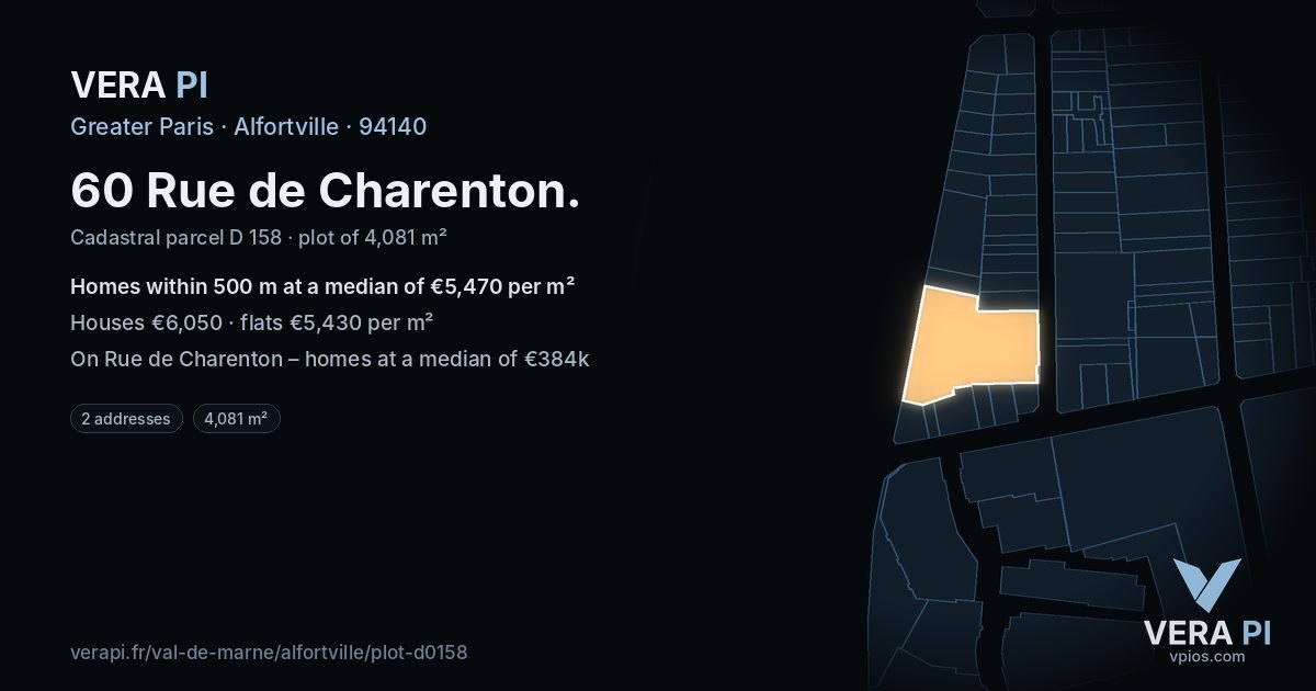 60 Rue de Charenton, Alfortville at night – the plot lit, the parcels around coloured by the prices near them
