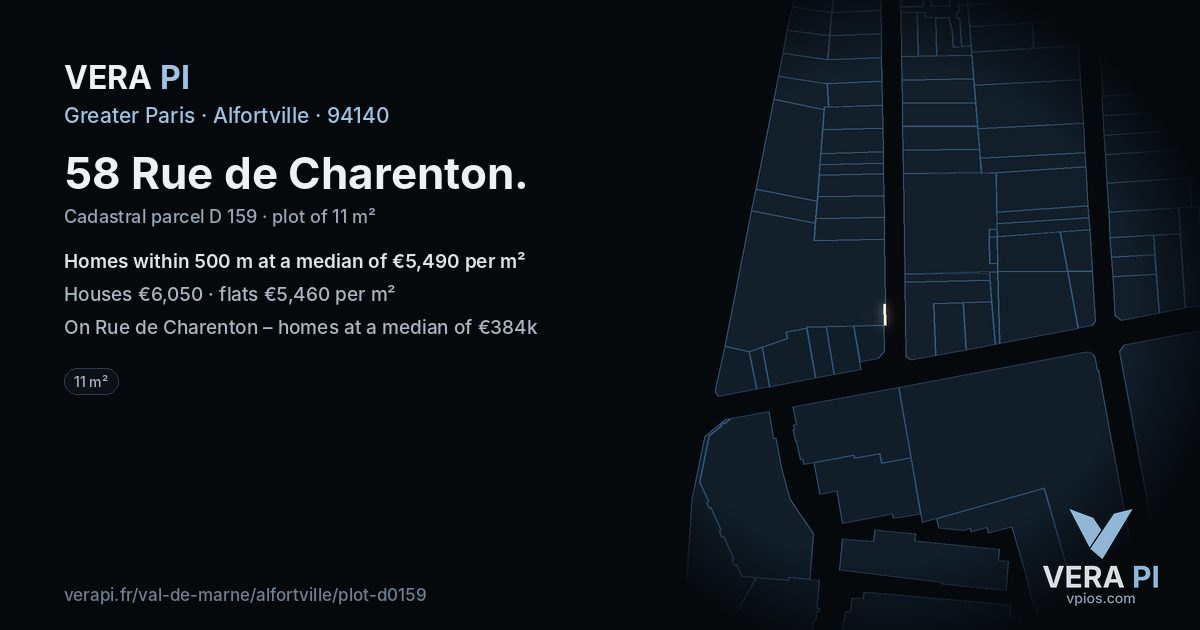 58 Rue de Charenton, Alfortville at night – the plot lit, the parcels around coloured by the prices near them