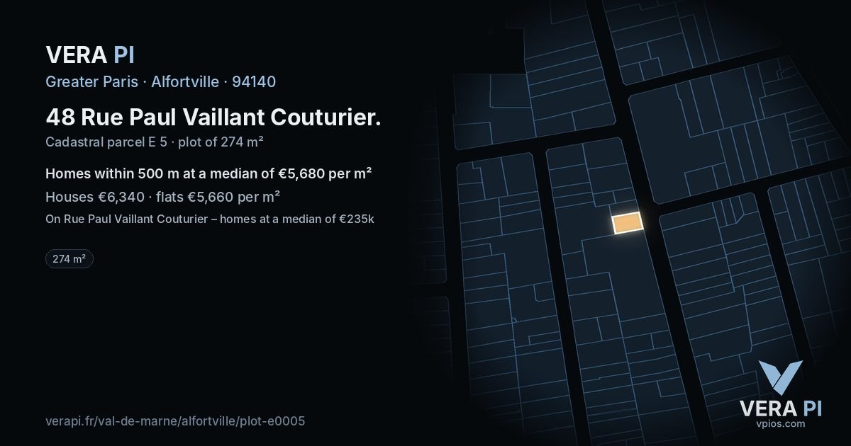 48 Rue Paul Vaillant Couturier, Alfortville at night – the plot lit, the parcels around coloured by the prices near them
