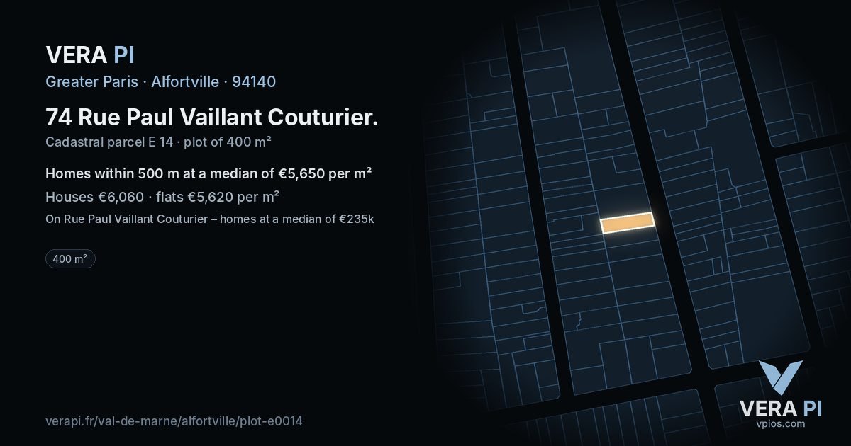 74 Rue Paul Vaillant Couturier, Alfortville at night – the plot lit, the parcels around coloured by the prices near them