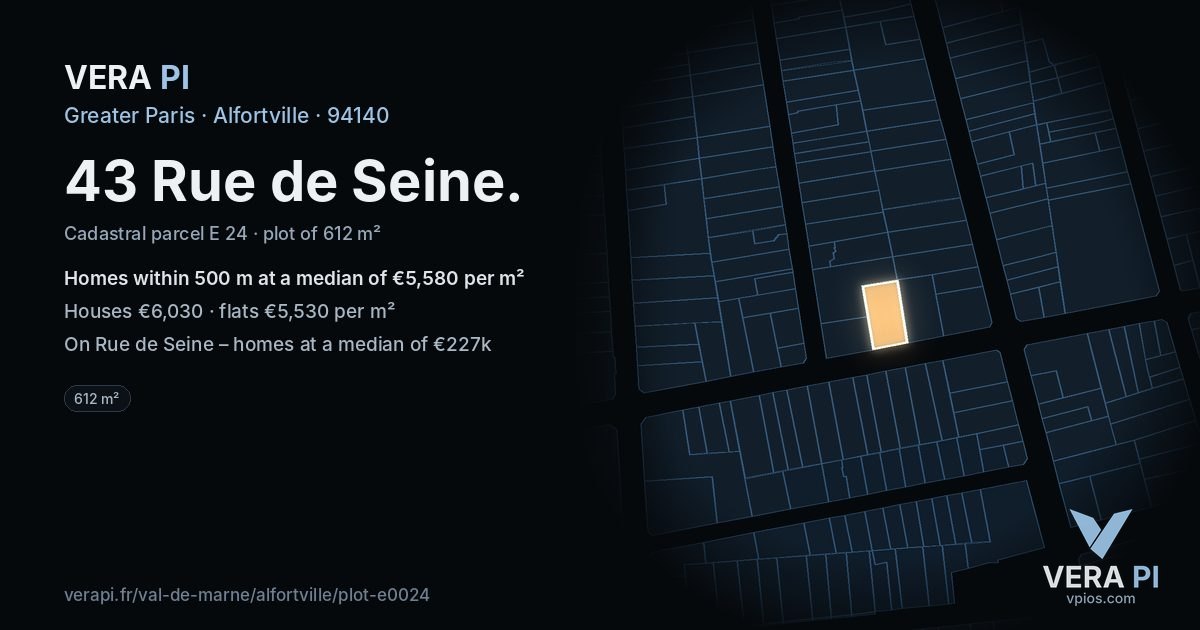43 Rue de Seine, Alfortville at night – the plot lit, the parcels around coloured by the prices near them