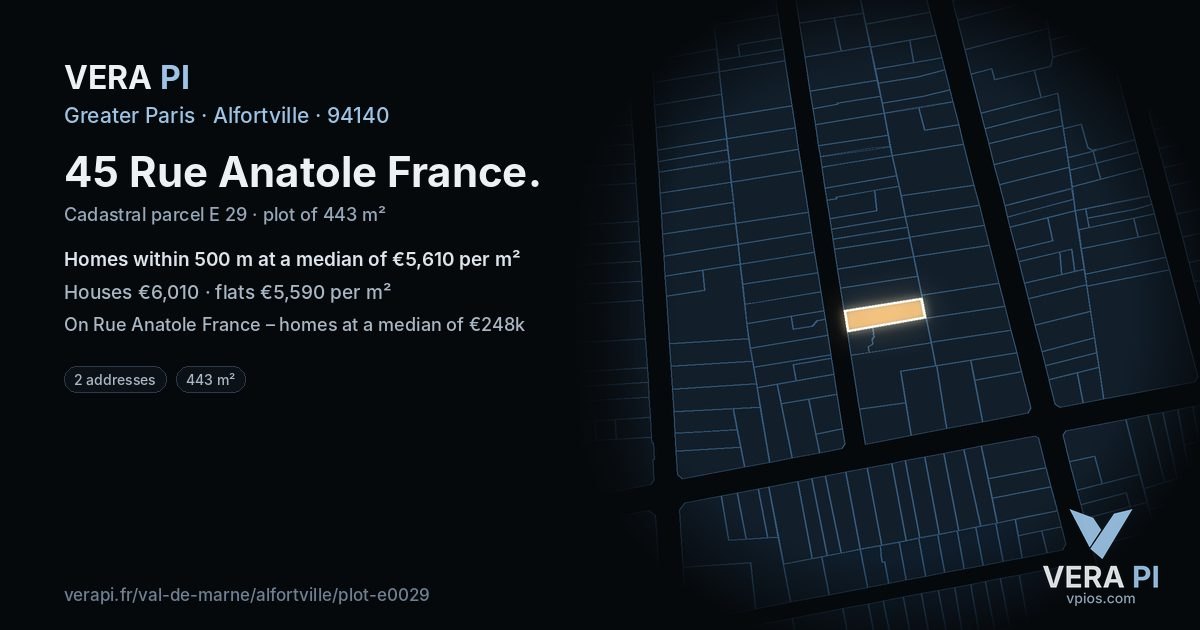 45 Rue Anatole France, Alfortville at night – the plot lit, the parcels around coloured by the prices near them