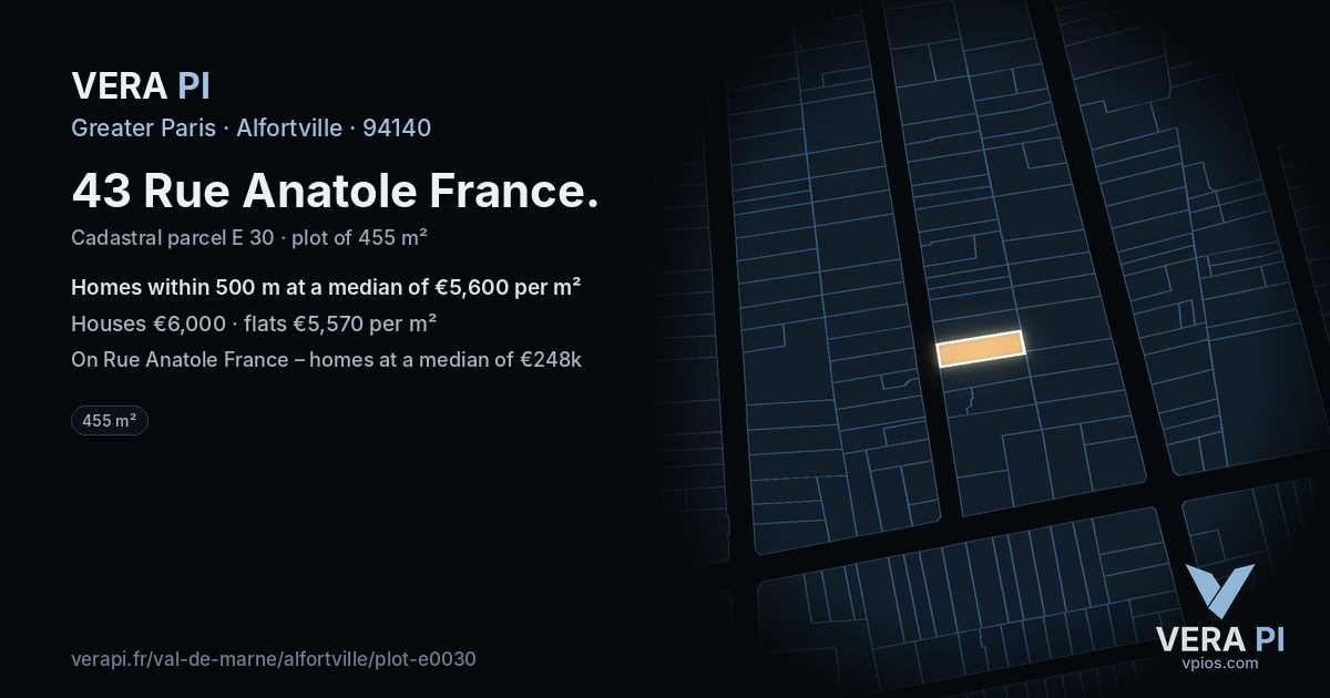 43 Rue Anatole France, Alfortville at night – the plot lit, the parcels around coloured by the prices near them